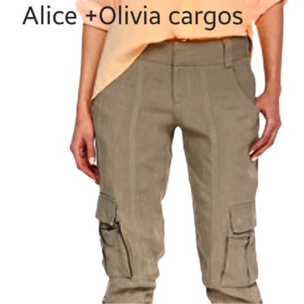 Alice & Olivia Cropped Linen Khaki Cargos
